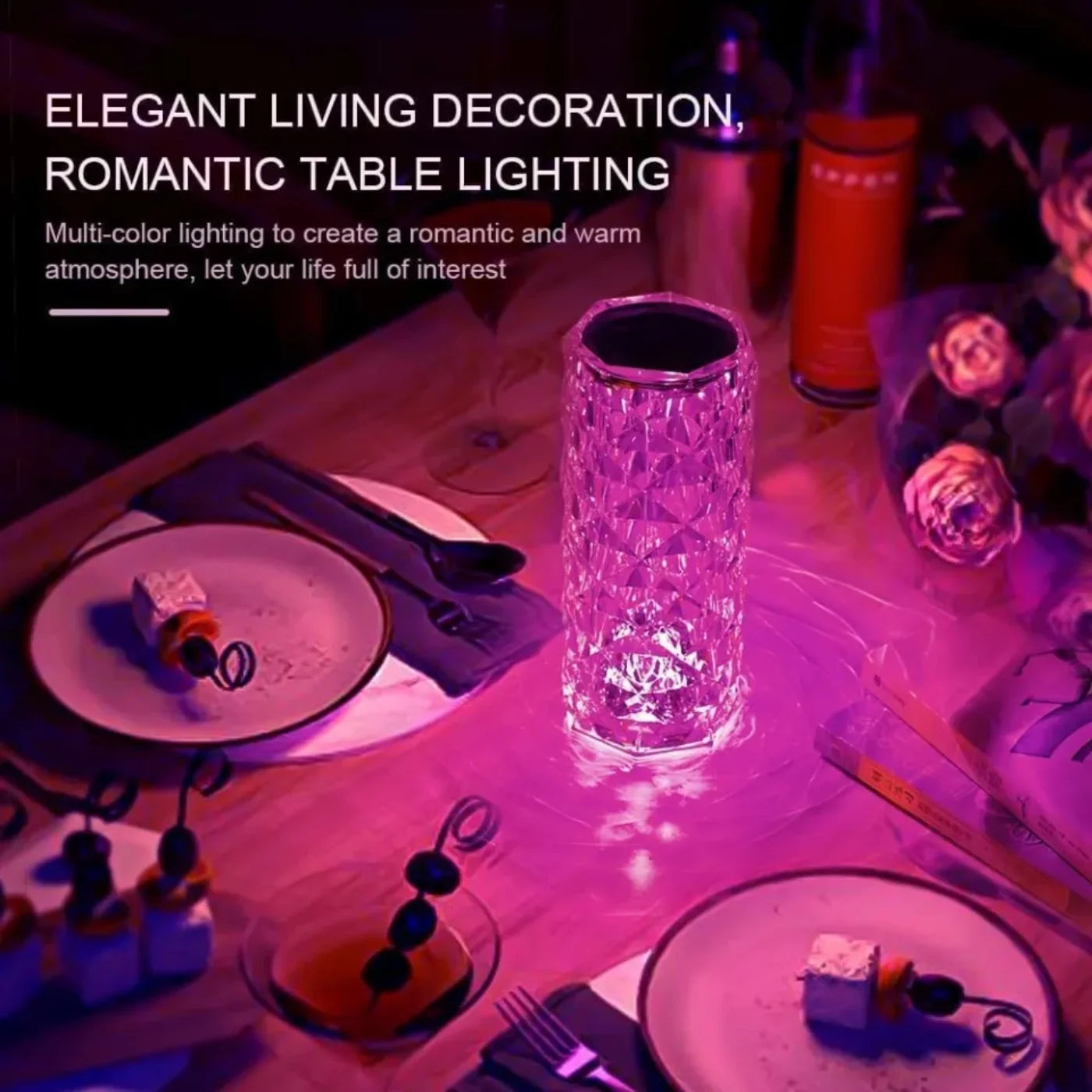 16-Colors Diamond Rose Crystal Touch Lamp | USB Rechargeable Bedside Lamp with Remote