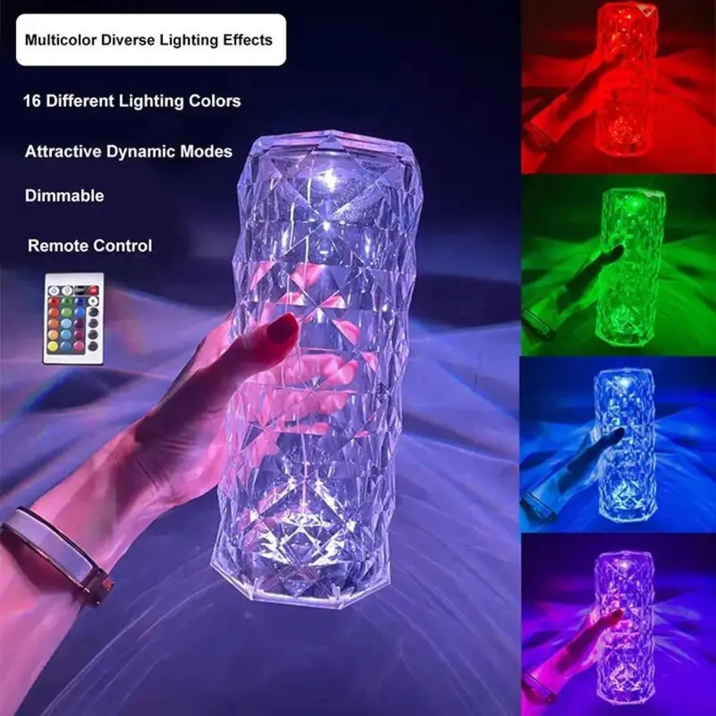16-Colors Diamond Rose Crystal Touch Lamp | USB Rechargeable Bedside Lamp with Remote