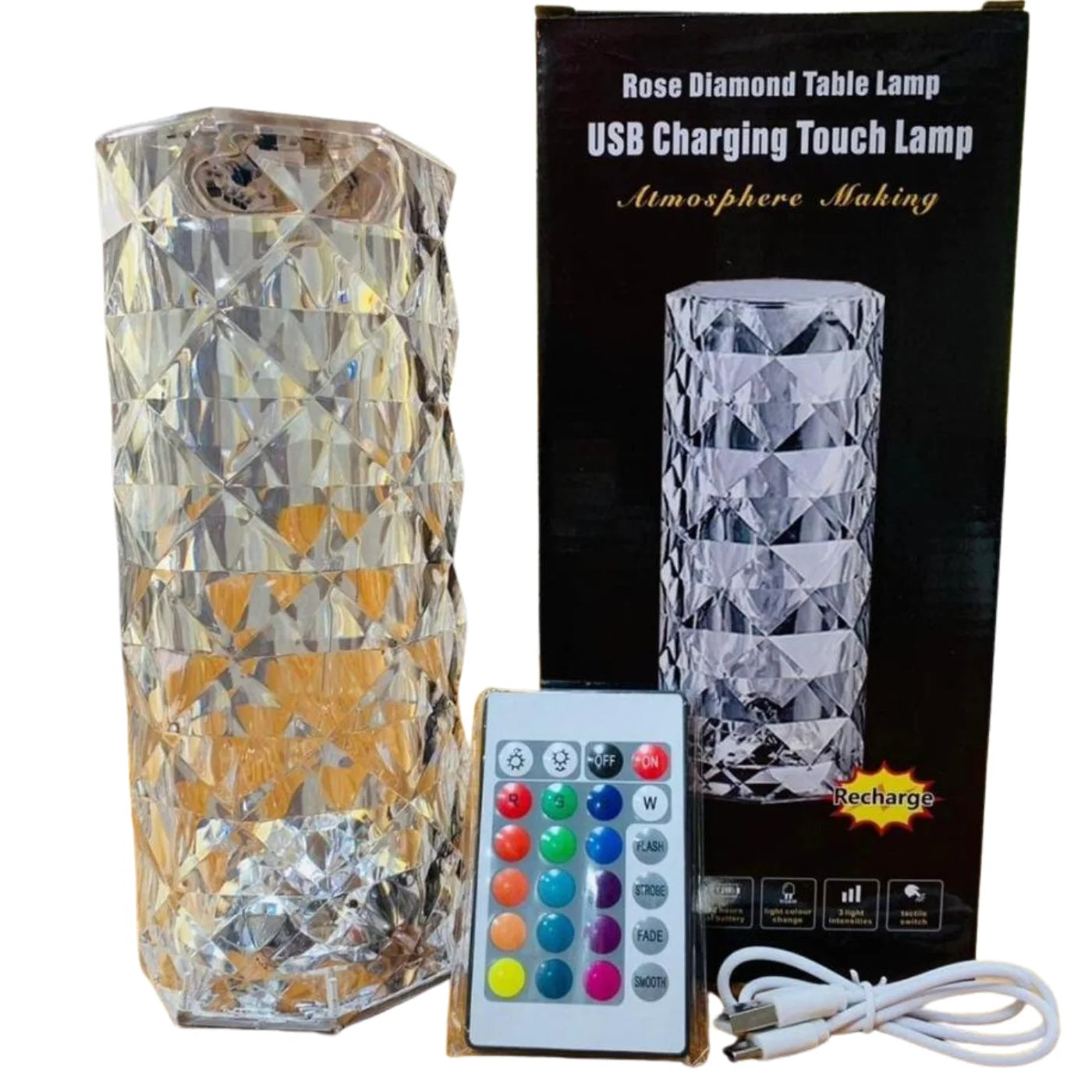 16-Colors Diamond Rose Crystal Touch Lamp | USB Rechargeable Bedside Lamp with Remote