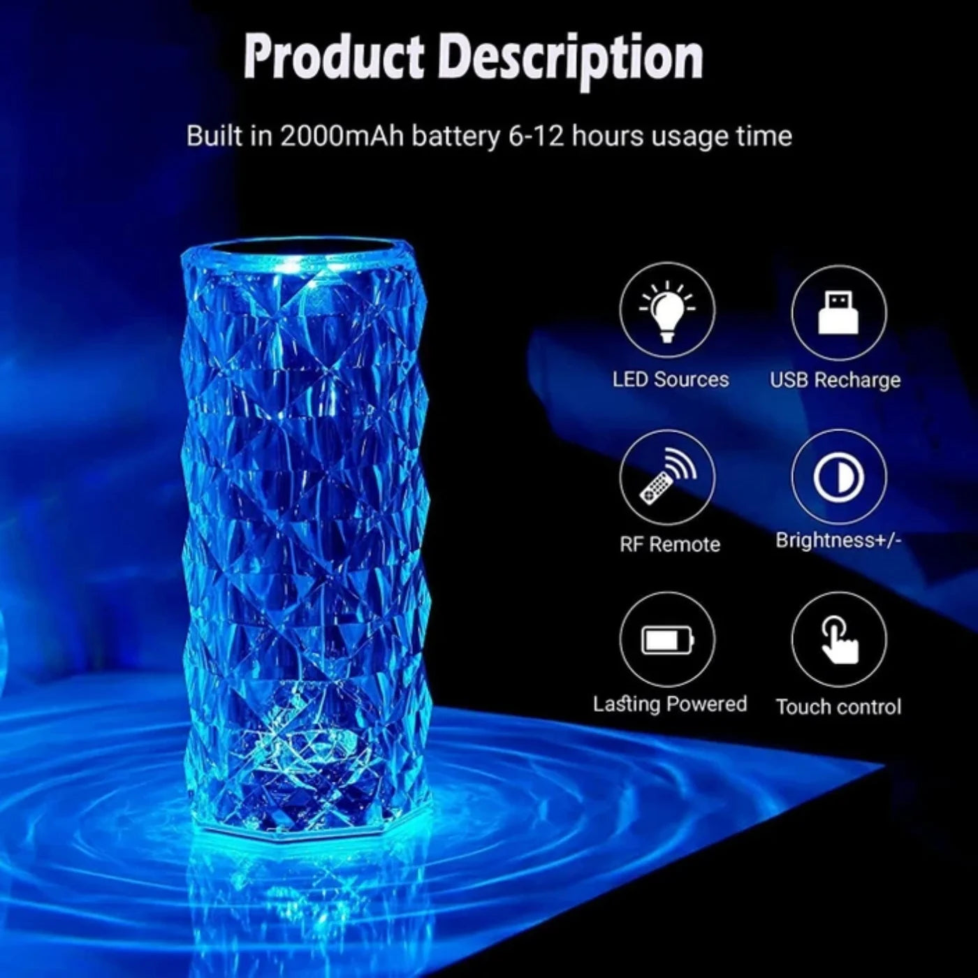 16-Colors Diamond Rose Crystal Touch Lamp | USB Rechargeable Bedside Lamp with Remote
