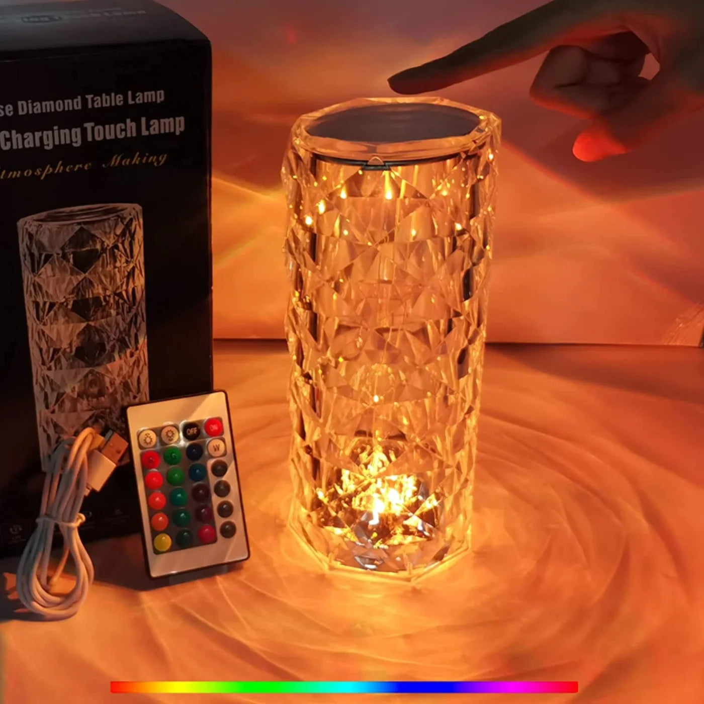 16-Colors Diamond Rose Crystal Touch Lamp | USB Rechargeable Bedside Lamp with Remote